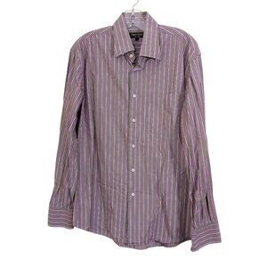 Harry Rosen Mens L Casual Button Up Shirt Olive Green Pink Striped Cotton Italy